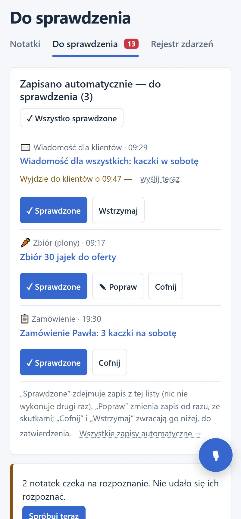 Ekran „Do sprawdzenia”: wiadomość dla klientów, zbiór 30 jajek i zamówienie Pawła na 3 kaczki, każde z przyciskiem Sprawdzone