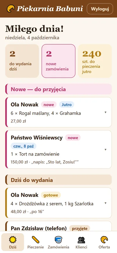 Ekran Dziś: liczba zamówień do wydania, nowe zamówienia do przyjęcia i lista do pieczenia na jutro