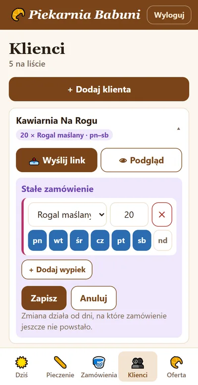 Karta klienta Kawiarnia Na Rogu: przyciski Wyślij link i Podgląd oraz stałe zamówienie 20 rogali maślanych od poniedziałku do soboty