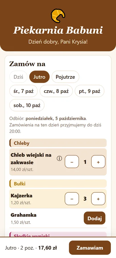 Strona klienta piekarni: wybór dnia odbioru, chleby i bułki z przyciskami plus i minus, na dole koszyk z przyciskiem Zamawiam