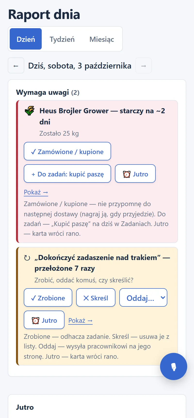 Ekran „Raport dnia” z zakładkami Dzień, Tydzień, Miesiąc i sekcją Wymaga uwagi