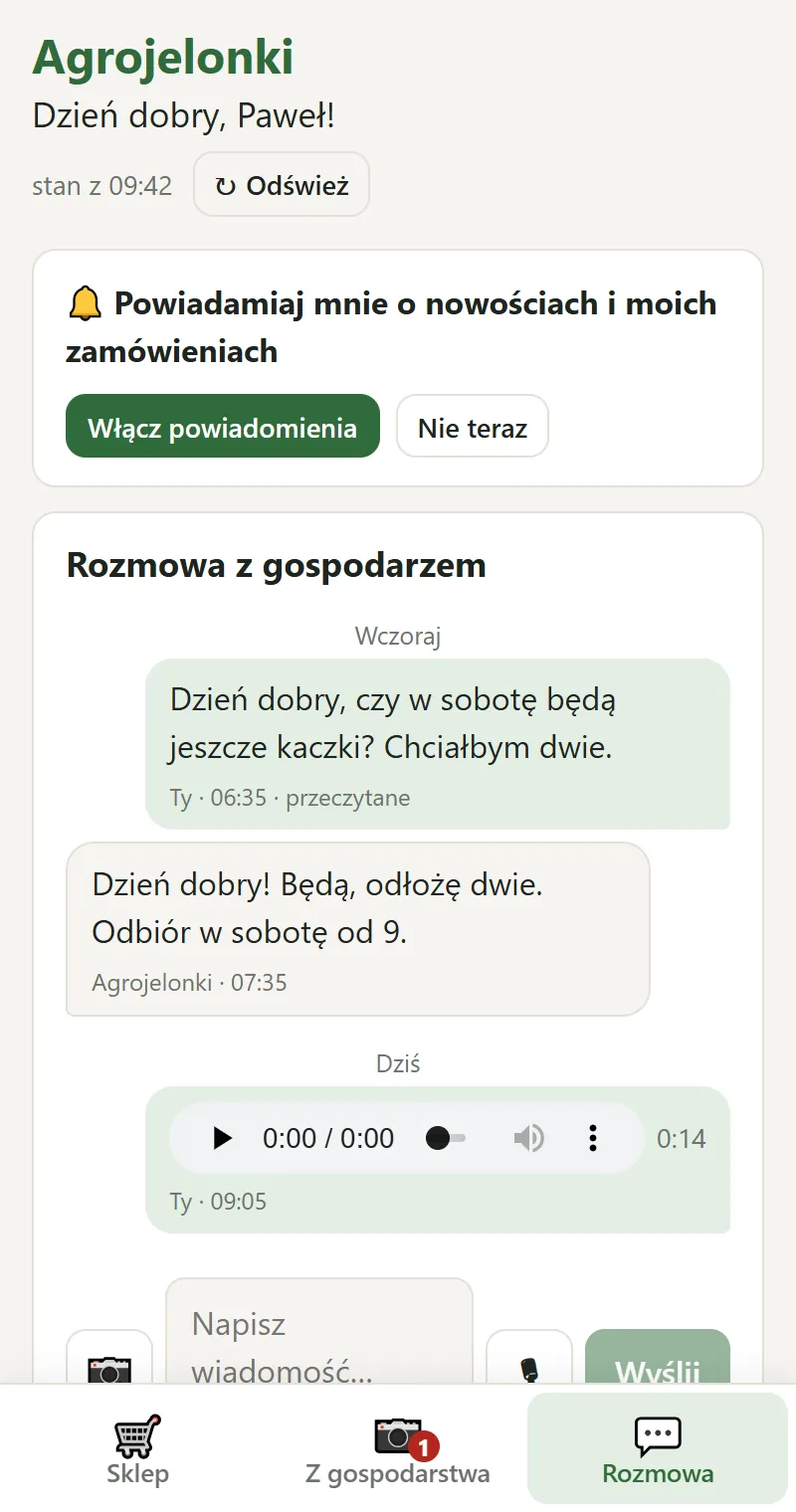 Rozmowa klienta z gospodarzem: pytanie o kaczki na sobotę, odpowiedź gospodarza i wiadomość głosowa