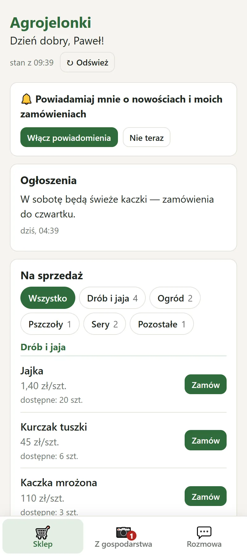 Sklep klienta na telefonie: przyciski działów Wszystko, Drób i jaja, Ogród, Pszczoły, Sery i lista towarów z cenami i przyciskiem Zamów