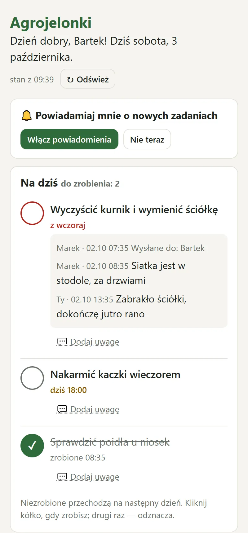 Strona pracownika Bartka: zadania na dziś z uwagami i odhaczonym zadaniem